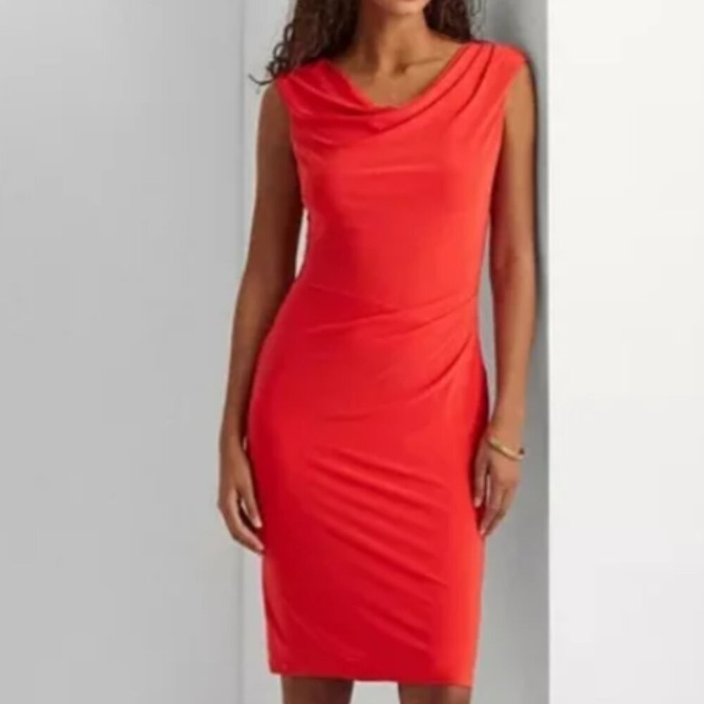 Ralph Lauren | Cowl Neck Ruched Jersey Sheath Dress‎ Coral | Sz 14 Women's